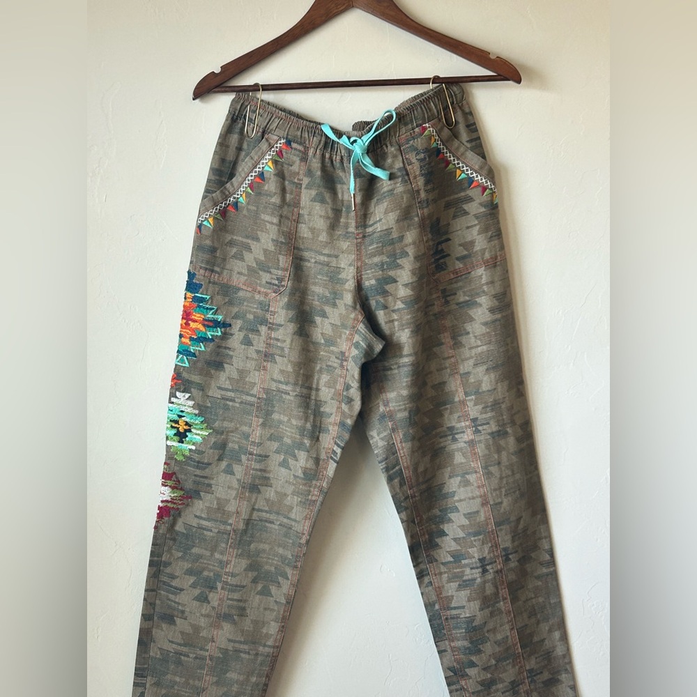 Double D Ranch Olive Aztec-print Drawstring Pants with embellishment